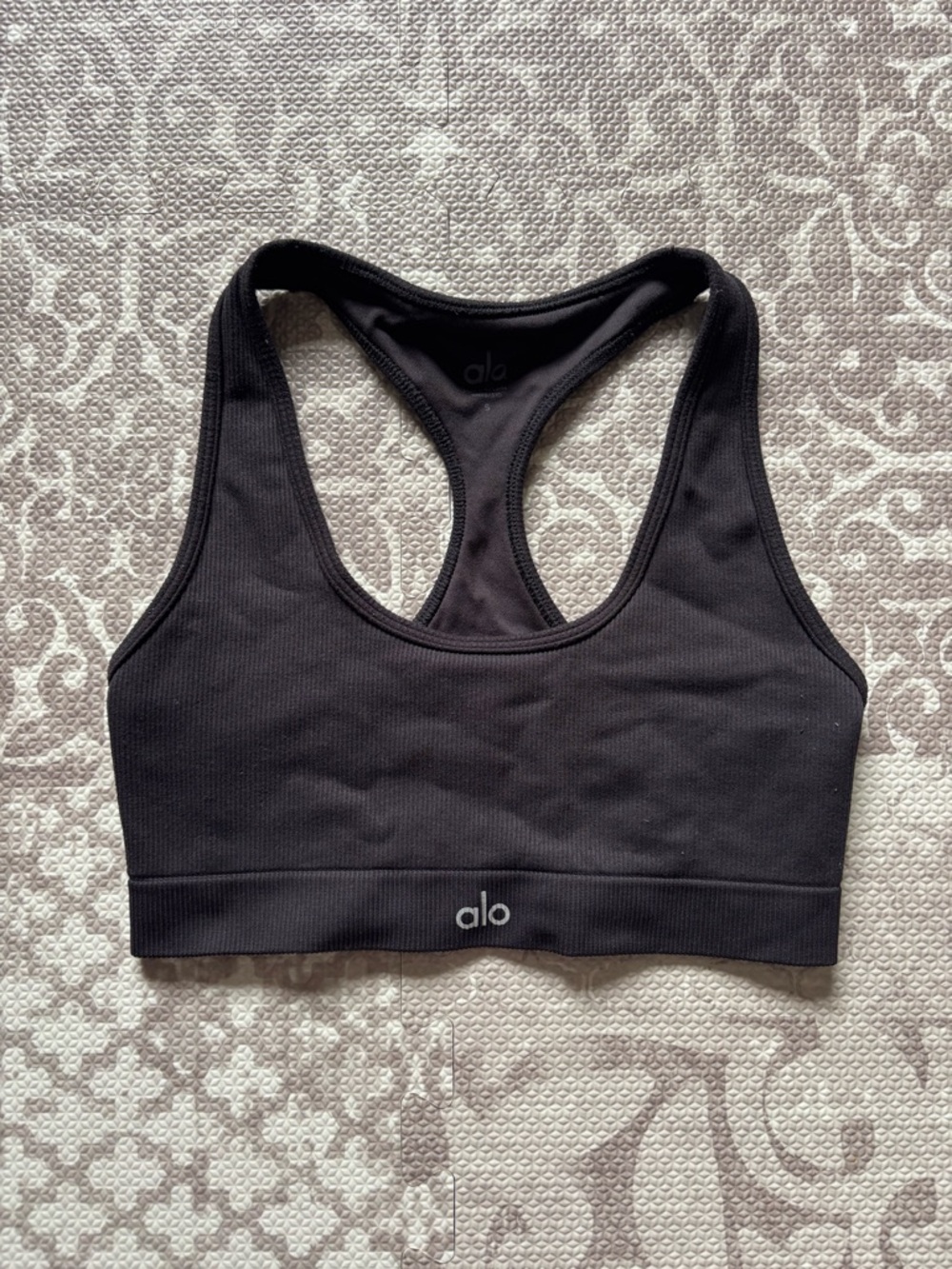 ALO Yoga Black Ribbed Racerback Sports Bra with Logo